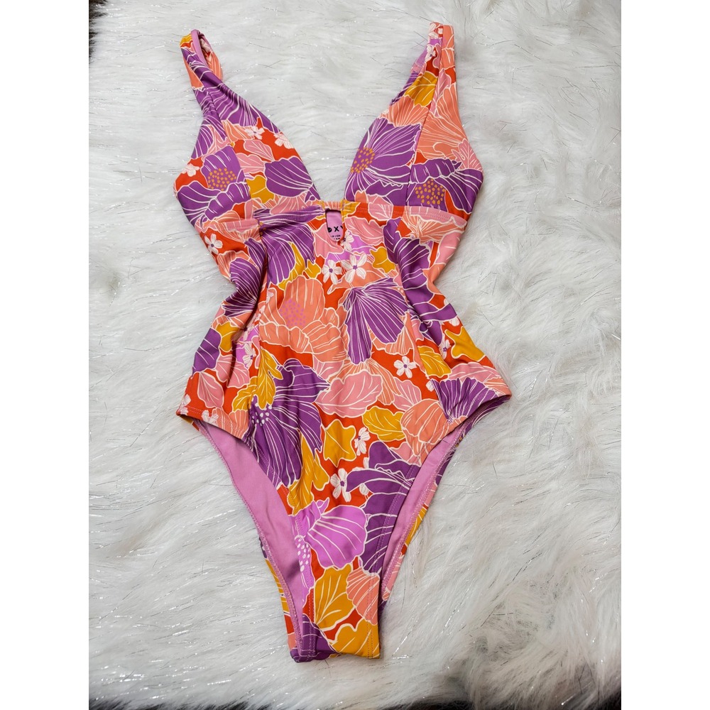 Roxy One Piece Swimsuit Womens Small NEW Floral Plunge Neck MSRP $100